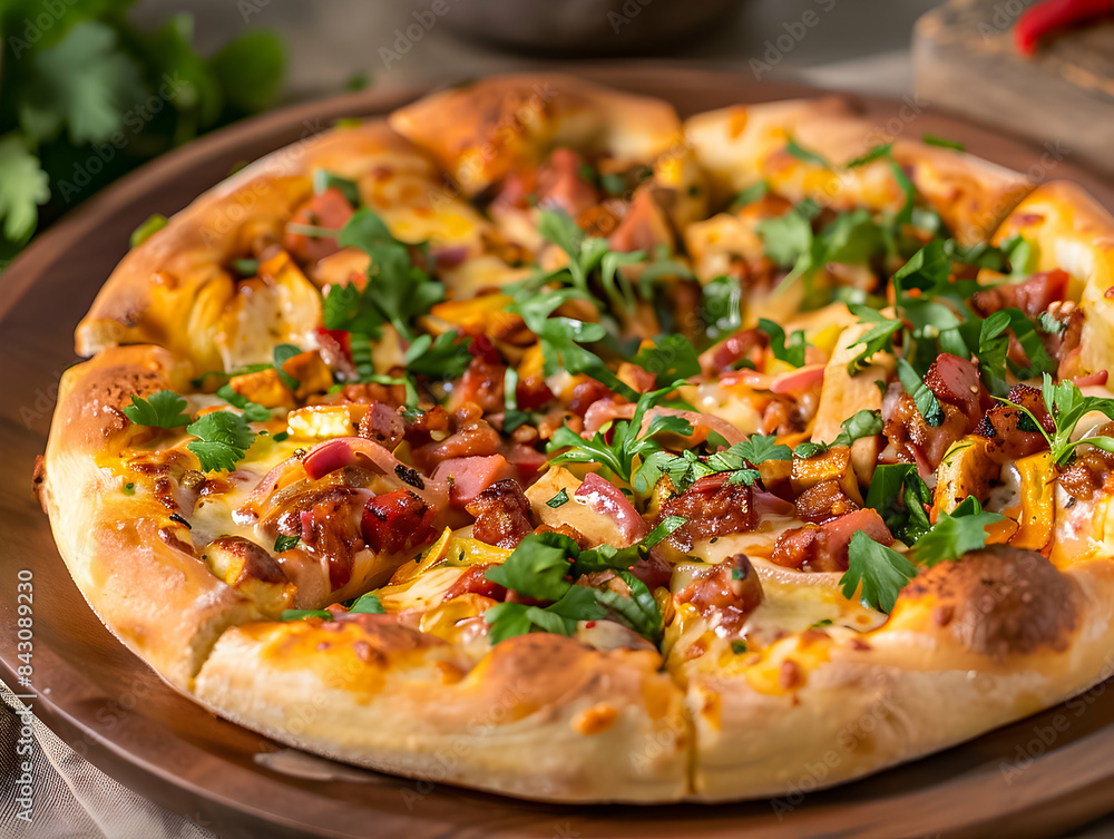 Close-up of a bacon and herb pizza, highlighting the succulent meat and vibrant, fresh green toppings. Close-up of a bacon and herb pizza, highlighting the succulent meat and vibrant, fresh green toppings.