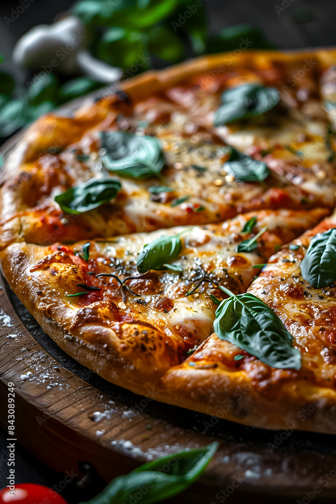 A scrumptious pizza freshly baked with mozzarella cheese, tomato sauce, and fresh basil leaves. A scrumptious pizza freshly baked with mozzarella cheese, tomato sauce, and fresh basil leaves.