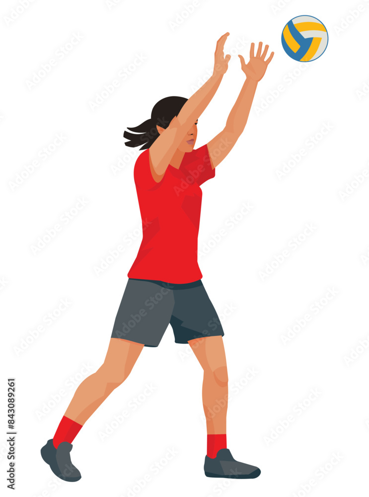 Isolated figure of an East Asian girl playing women's volleyball who threw a ball with his arms raised high Isolated figure of an East Asian girl playing women's volleyball who threw a ball with his arms raised high