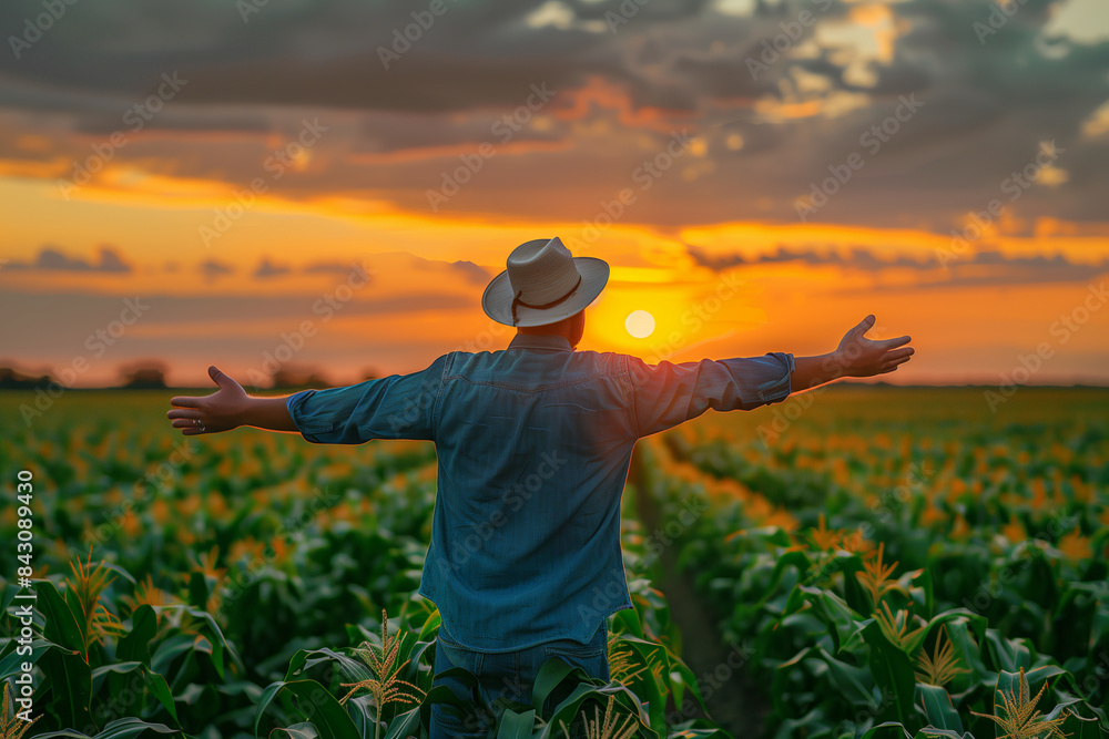 Fototapeta premium Rear view of farmer with outstretched arms on green corn field.