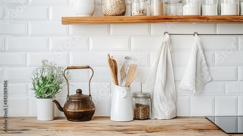 a Scandinavian kitchen with a photo of ceramic cooking utensils and wooden kitchen tools holder against a white tiled wall.