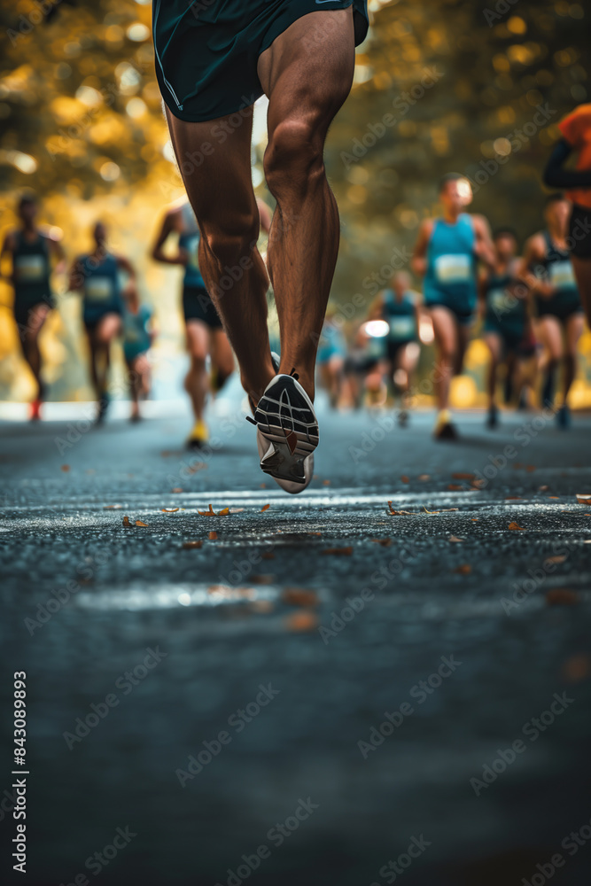 Close up of a runner's legs on a city street during a marathon race.