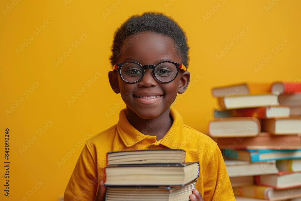 A young boy is holding a stack of books and smiling. Back to school, early education, reading, library concept A young boy is holding a stack of books and smiling. Back to school, early education, reading, library concept