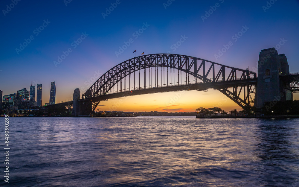 Long exposure of the amazing Sydney Harbour Bridge and Sydney's Downtown from the north bank namely Mattawunga, at sunset, Australia Long exposure of the amazing Sydney Harbour Bridge and Sydney's Downtown from the north bank namely Mattawunga, at sunset, Australia
