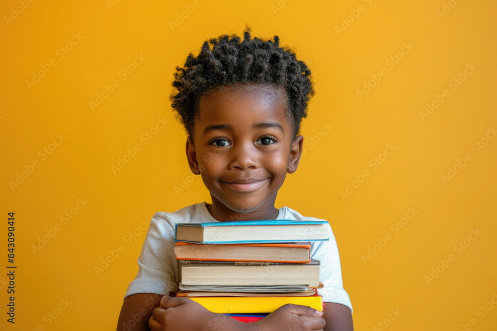 A young boy is holding a stack of books and smiling. Back to school, early education, reading, library concept A young boy is holding a stack of books and smiling. Back to school, early education, reading, library concept
