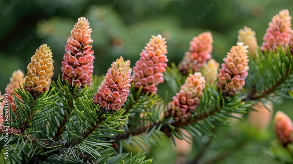 Spruce tree with small cones in the springtime burst into bloom Spruce tree with small cones in the springtime burst into bloom