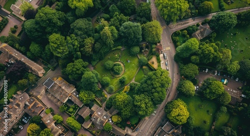 Aerial View Small Town. South Wales Festival in Vale Park with Lake and Tree Garden