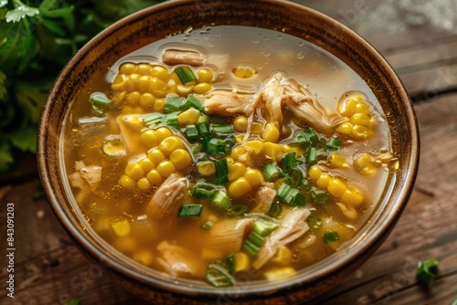Chinese Soup. Corn and Chicken Soup in a Bowl, Close-Up. Top View of Delicious Asian Cuisine