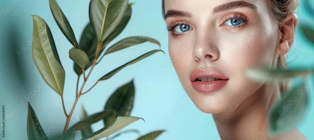 Beauty Portrait of Woman with Glowing Skin Amidst Greenery for Skincare and Wellness Concepts Beauty Portrait of Woman with Glowing Skin Amidst Greenery for Skincare and Wellness Concepts