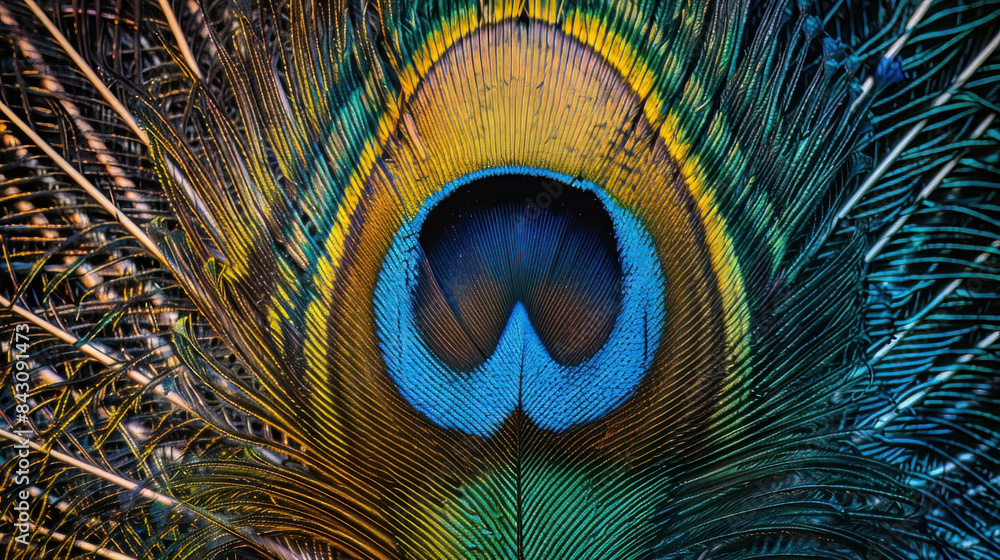 Obraz premium A close-up view of a peacock's feather in India on February 24, 2021.