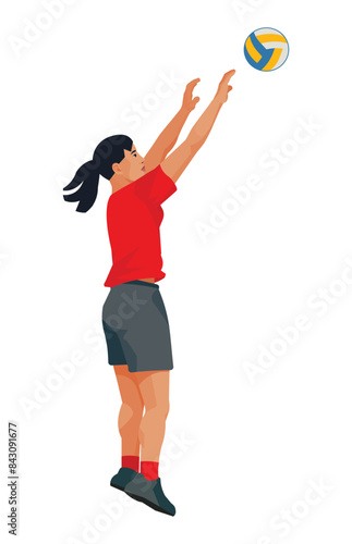 Isolated figure of an East Asian girl playing women's volleyball who threw a ball with her arms raised high