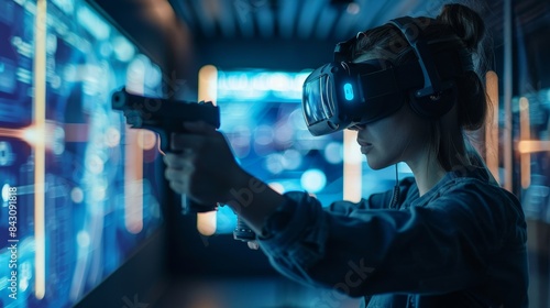 A man in a black jacket is holding a gun and wearing a virtual reality headset