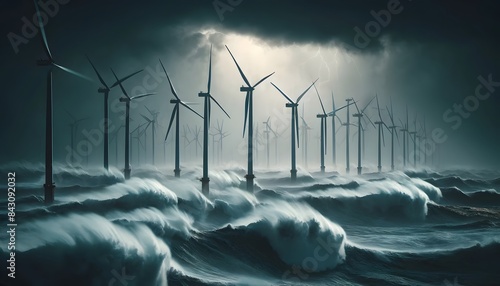 Wind turbines face a dramatic storm over rough seas, highlighting their durability and the relentless force of nature. photo