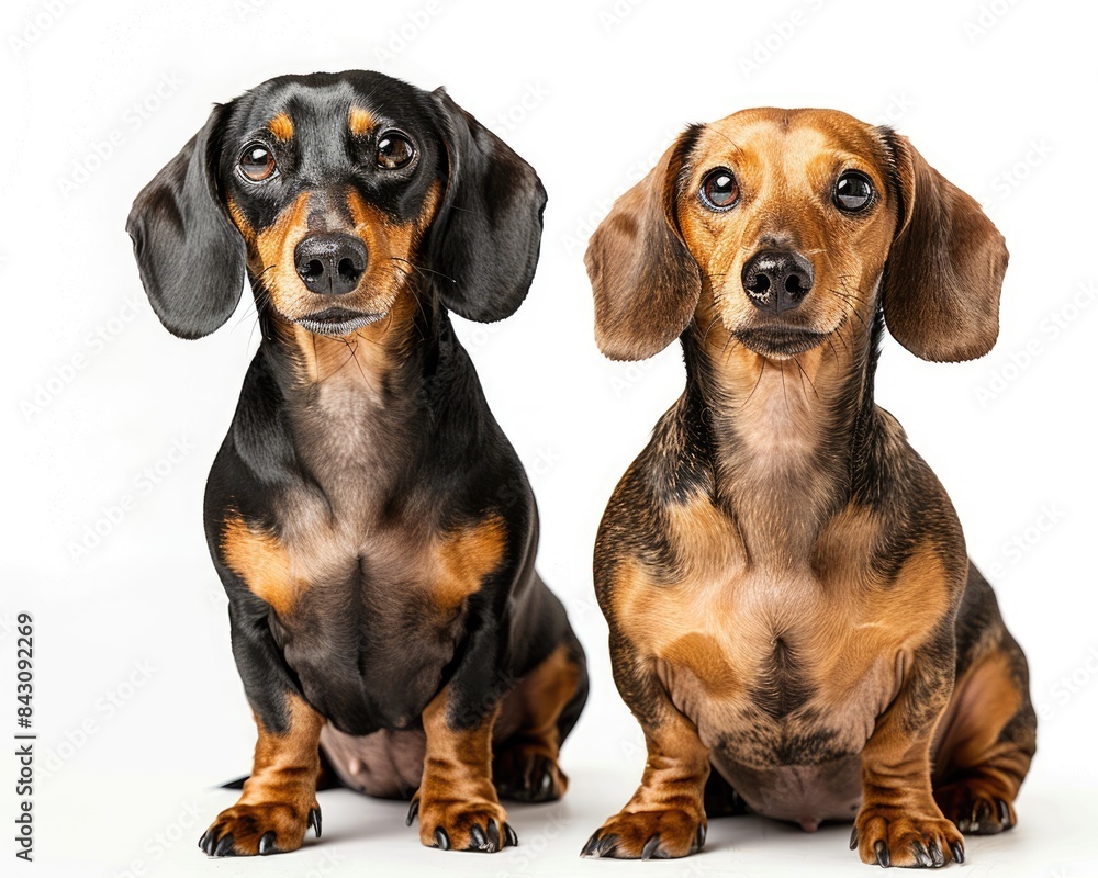 Dachshunds Sitting Together in Front of White Background with Copy Space