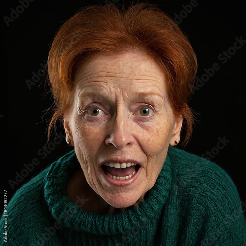 A senior woman with red hair and blue eyes, screaming in shock or fear. She is wearing a green sweater on a plain black background. Her facial expression is intense and very emotional, with wide-open