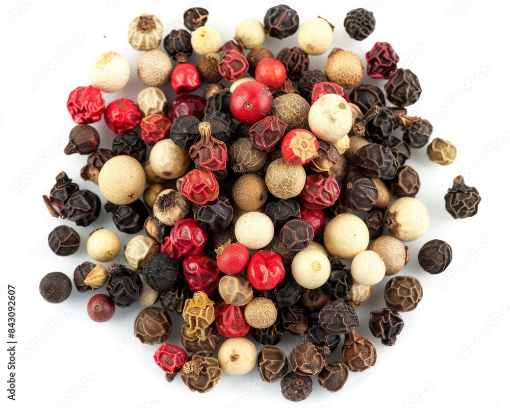 Peppercorns On White. Closeup of Mixed Black, Red and White Peppercorns on White Background Peppercorns On White. Closeup of Mixed Black, Red and White Peppercorns on White Background