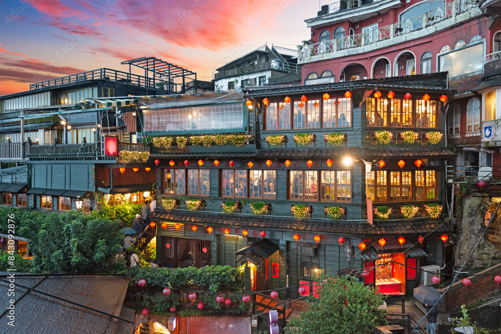 Obraz premium Jiufen, Taiwan Hillside with Old Teahouses