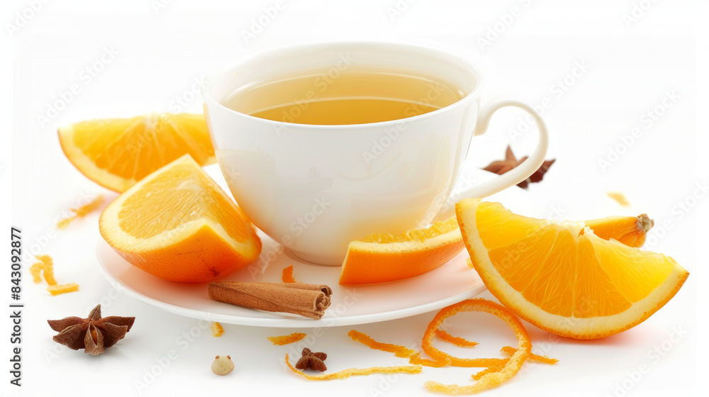 A cup of pure orange juice with orange slices and fruit bits on a white background, isolated. A cup of pure orange juice with orange slices and fruit bits on a white background, isolated.