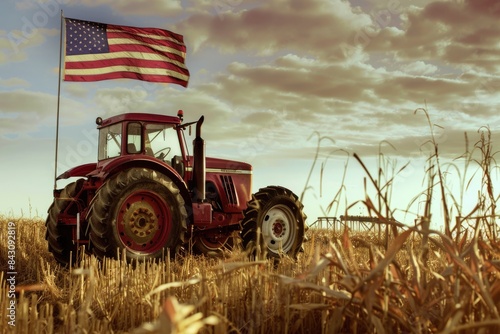 American Farming Symbols: Vintage Tractor and Flag in Seasonal California Harvest Scene
