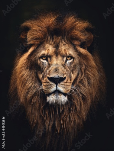 Black Lion Portrait: Powerful Male Lion with Intense Gaze Against Dark Background