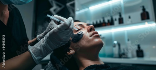 Professional Cosmetologist Applying Numbing Cream Before Filler Injections in Modern Clinic photo