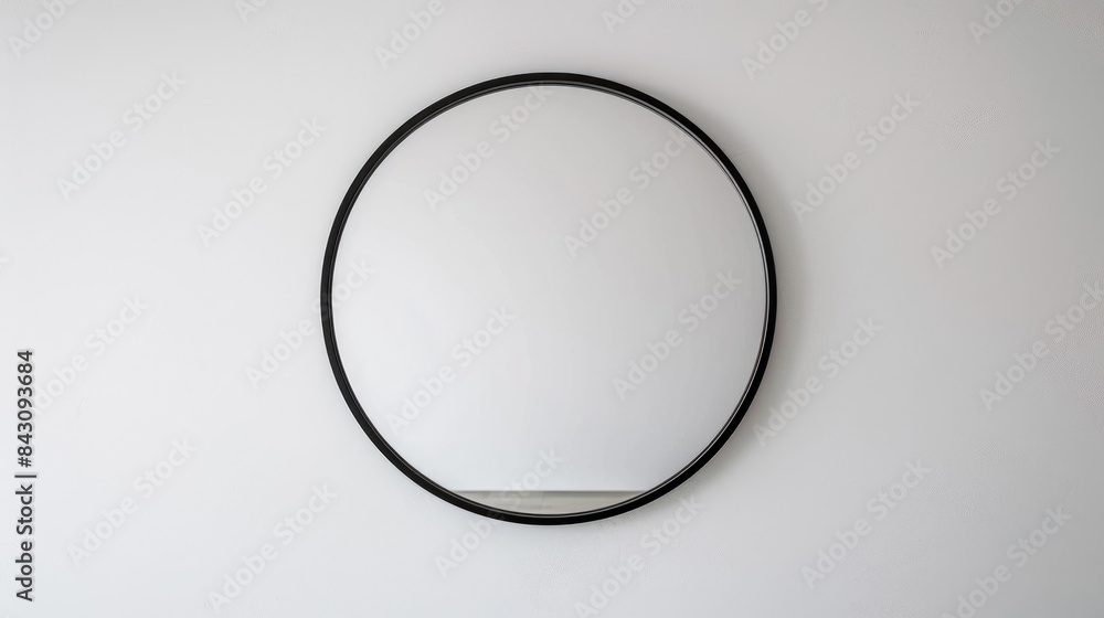 A simple photo of a black frame mirror hanging on a plain white wall.