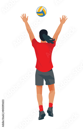 Thai women's volleyball girl player from the back who jumps straight with her arms raised high to catch or block the ball