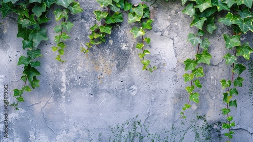 Ivy Wall. Closeup of Botanical Bush Climbing on Concrete Background