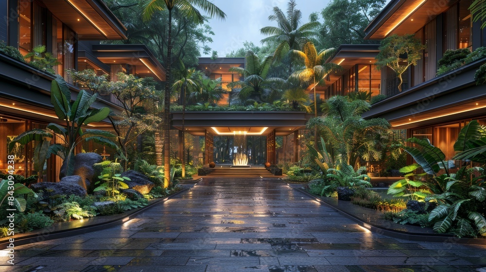 Fototapeta premium a drop off entrance to a large square building, elegant with vegetation and landscaping around,
