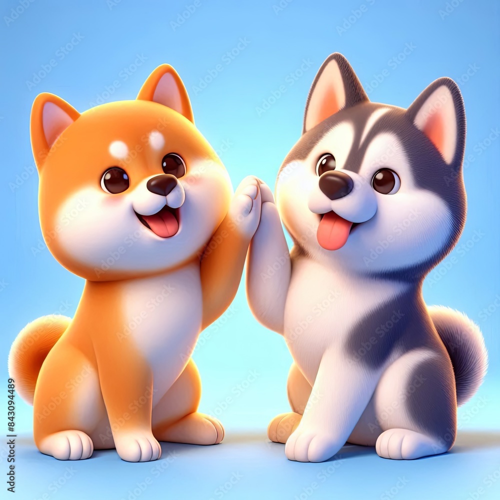 cute shiba inu dog and husky dog high five cartoon 3d Generative AI cute shiba inu dog and husky dog high five cartoon 3d Generative AI