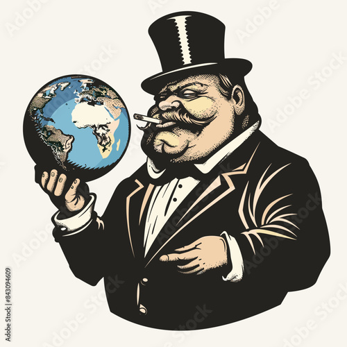 vector fat man in a top hat holding the planet, capitalism .Generative AI