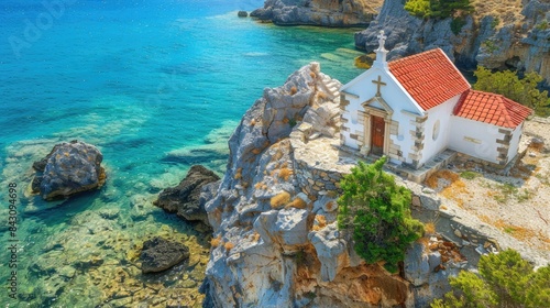 Crete Greece. Red-roofed Remote Greek Church on Cliff of an Island photo