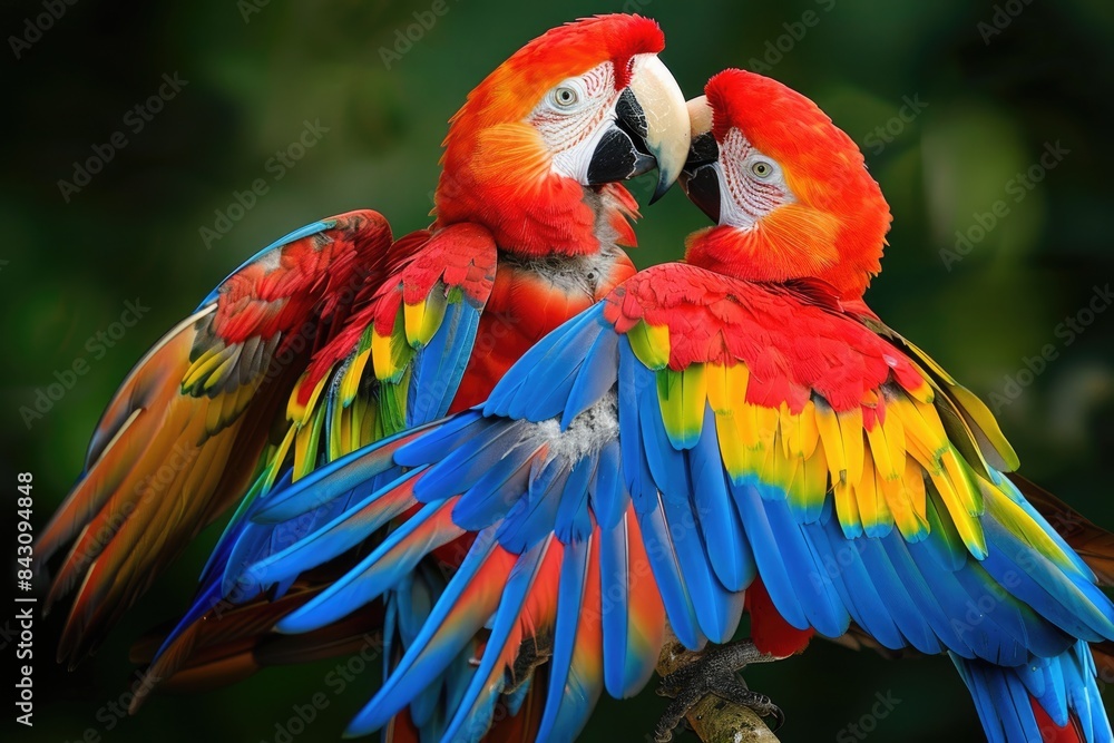 Obraz premium Macaw Parrots. Birds in Love: A Kiss on a Perch with a Bite