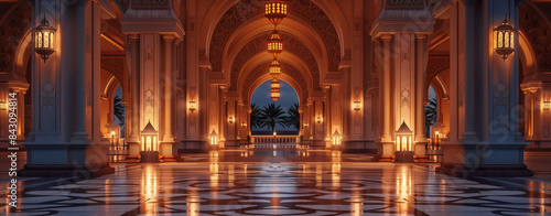interior of A long corridor with lanterns and arches leading to the entrance of an arabian palace, night time, cinematic, hyper realistic