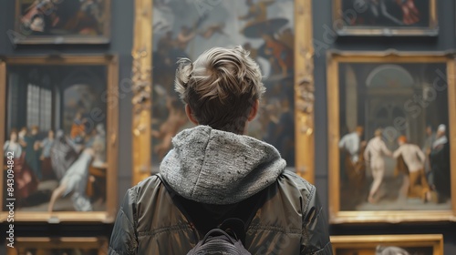 Young man looking at paintings in an art museum. photo