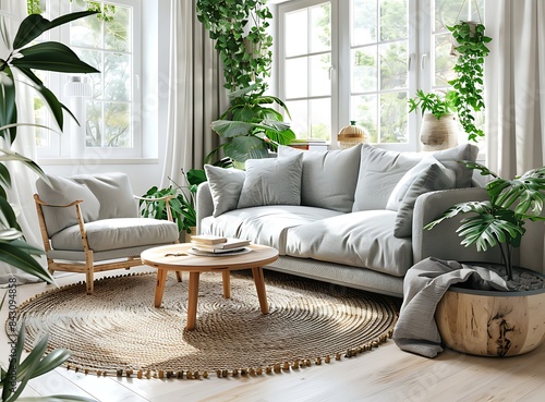 Design an interior of the living room with green plants, a gray sofa and armchair in a design composition