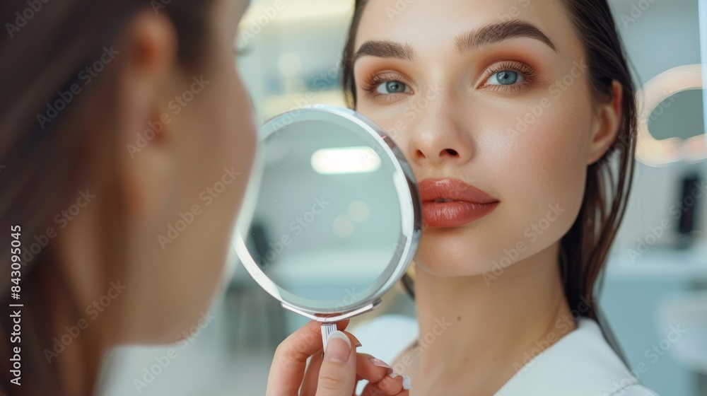 Satisfied Woman Examines Lip Fillers in Handheld Mirror at Modern Clinic Setting Satisfied Woman Examines Lip Fillers in Handheld Mirror at Modern Clinic Setting