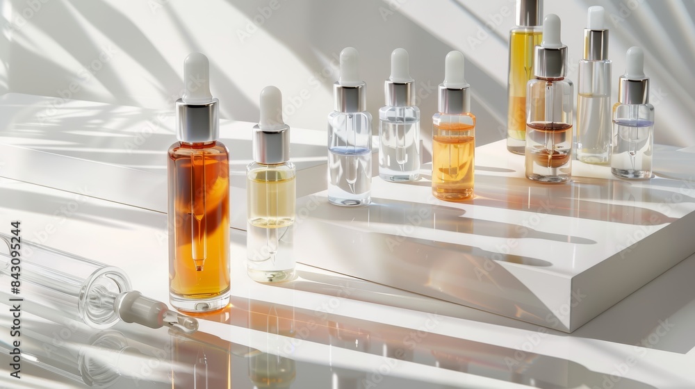 Elegant Display of Mesotherapy Serums and Tools on White Background with Soft Shadows