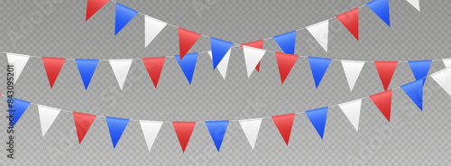 Bunting flags garland, party flags in red, blue and white colors. Patriotic pennant decoration for USA Independence Day. Vector illustration.