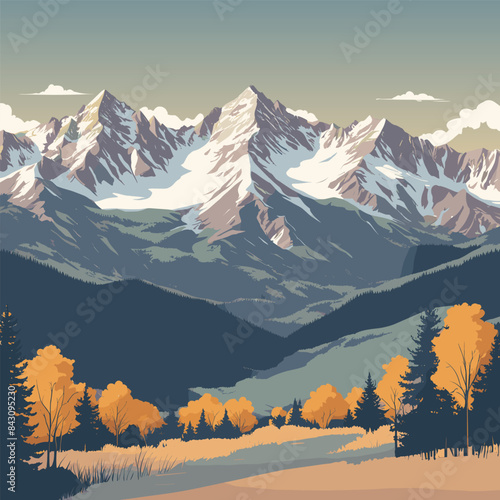 Rocky Mountains Valley Landscape Vector Illustration photo