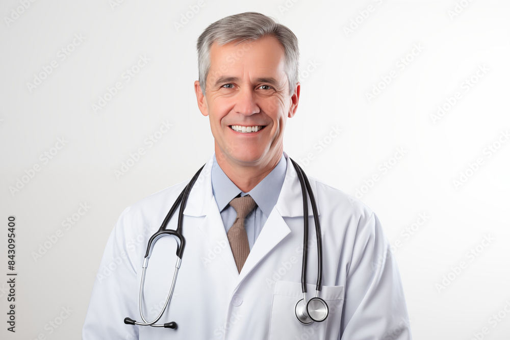 White smiling doctor on a white background. World of Medicine. Personal care profession. Medical studies. European doctor. French. America. Images for graphic designers. Image for communication. AI. White smiling doctor on a white background. World of Medicine. Personal care profession. Medical studies. European doctor. French. America. Images for graphic designers. Image for communication. AI.