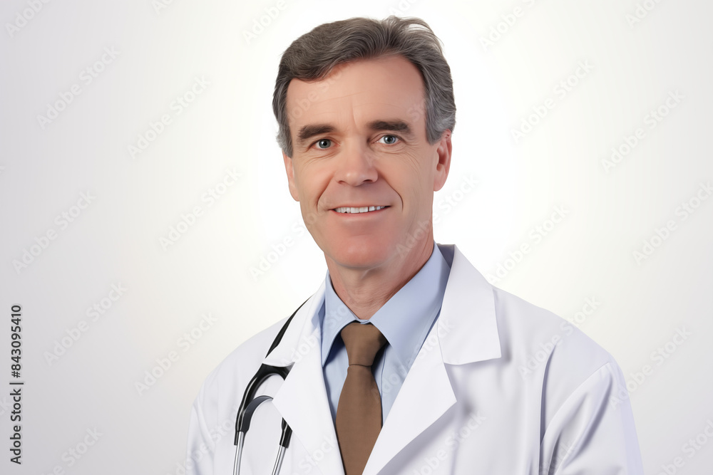 White smiling doctor on a white background. World of Medicine. Personal care profession. Medical studies. European doctor. French. America. Images for graphic designers. Image for communication. AI. White smiling doctor on a white background. World of Medicine. Personal care profession. Medical studies. European doctor. French. America. Images for graphic designers. Image for communication. AI.