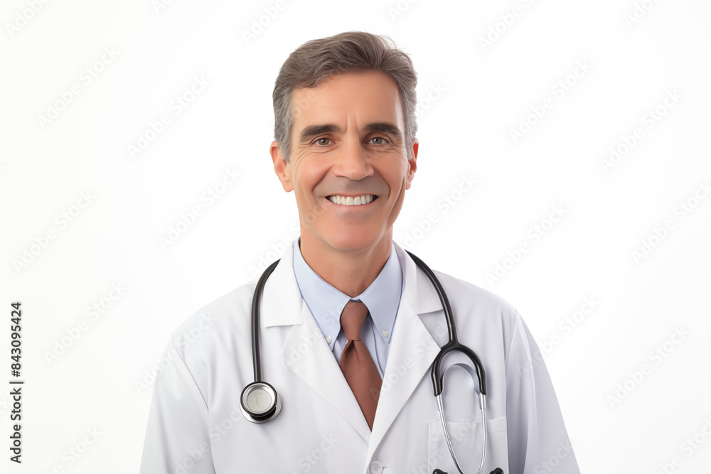 White smiling doctor on a white background. World of Medicine. Personal care profession. Medical studies. European doctor. French. America. Images for graphic designers. Image for communication. AI. White smiling doctor on a white background. World of Medicine. Personal care profession. Medical studies. European doctor. French. America. Images for graphic designers. Image for communication. AI.
