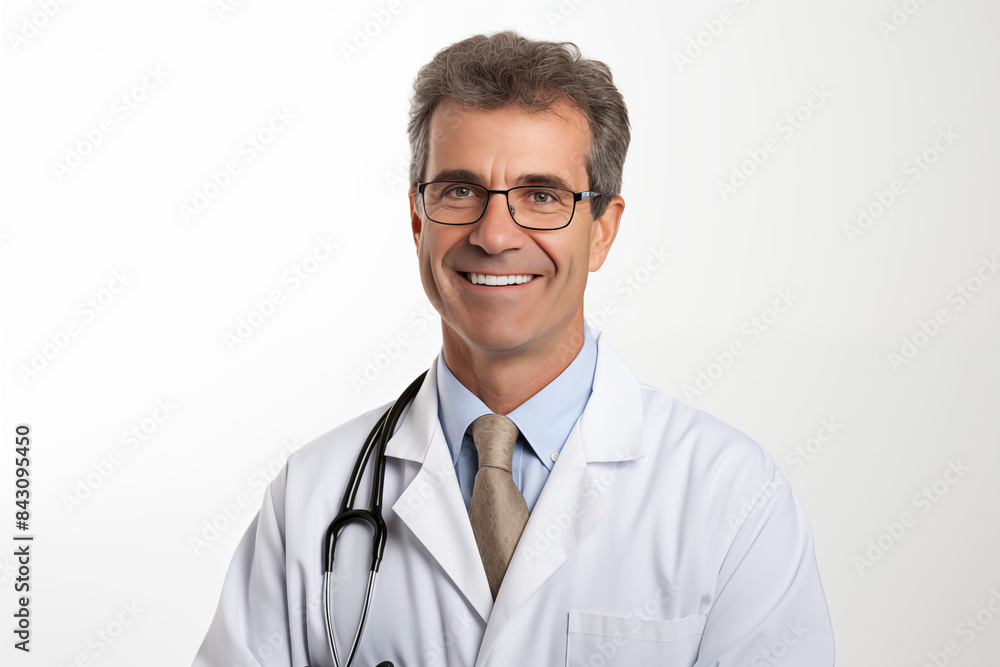White smiling doctor on a white background. World of Medicine. Personal care profession. Medical studies. European doctor. French. America. Images for graphic designers. Image for communication. AI. White smiling doctor on a white background. World of Medicine. Personal care profession. Medical studies. European doctor. French. America. Images for graphic designers. Image for communication. AI.