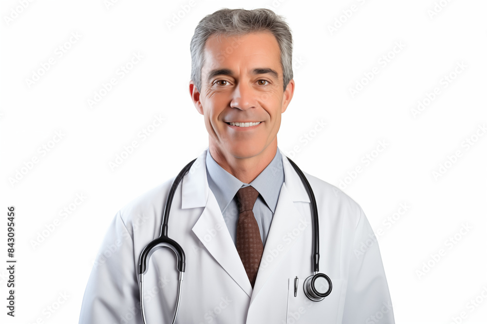 White smiling doctor on a white background. World of Medicine. Personal care profession. Medical studies. European doctor. French. America. Images for graphic designers. Image for communication. AI. White smiling doctor on a white background. World of Medicine. Personal care profession. Medical studies. European doctor. French. America. Images for graphic designers. Image for communication. AI.