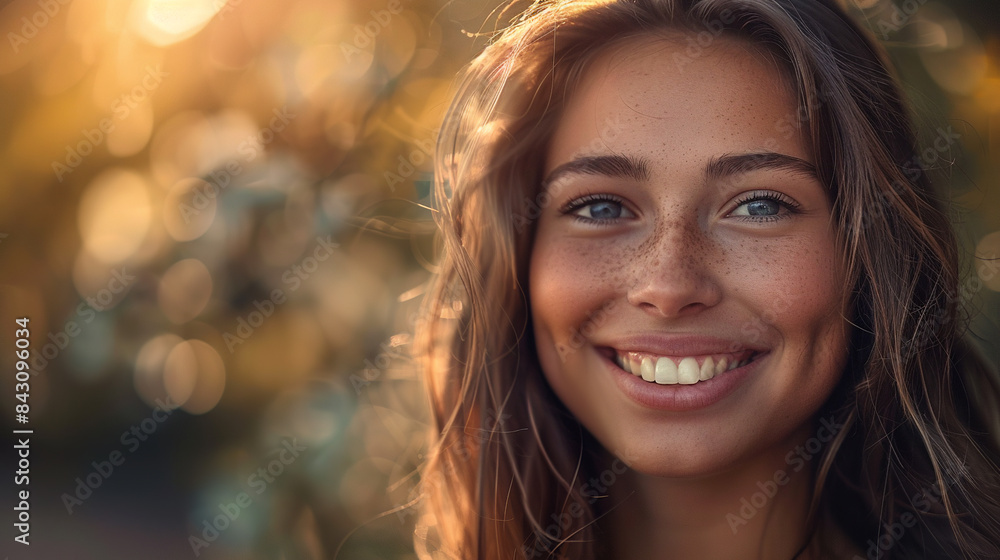 Obraz premium A portrait captures a smiling, lovely, and beautiful woman, her radiance shining through in every feature. Her smile is warm and genuine, reflecting inner joy and positivity
