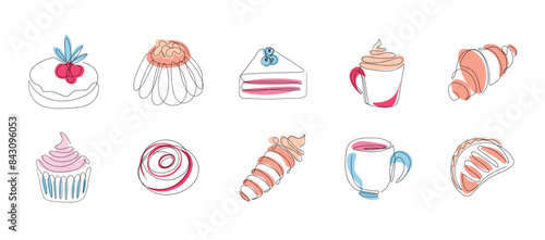 Continuous one line art cafe elements. Doodle sketch coffee shop icons, bakery pastry food with abstract shapes, tea and coffee menu. Vector isolated set