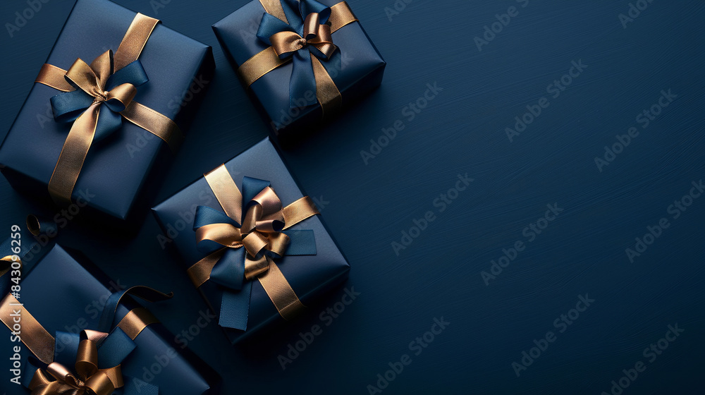 Elegantly wrapped gift boxes stand out against a deep blue backdrop, exuding a sense of luxury and celebration Elegantly wrapped gift boxes stand out against a deep blue backdrop, exuding a sense of luxury and celebration