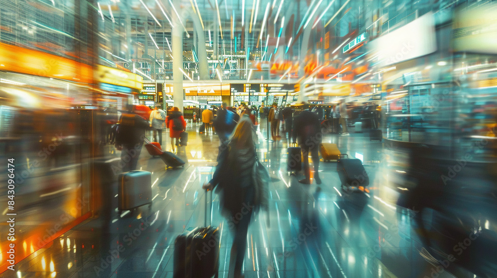 Fototapeta premium In the backdrop, a modern airport buzzes with activity, depicted through a blurred background that captures abstract motion