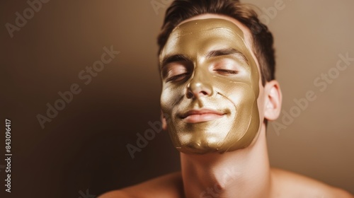 Handsome young Caucasian man with facial mask on his face on a background with Copy Space. Handsome man with clay mask on his face. Handsome Caucasian male with cosmetic Facial Mask. copy space. © John Martin
